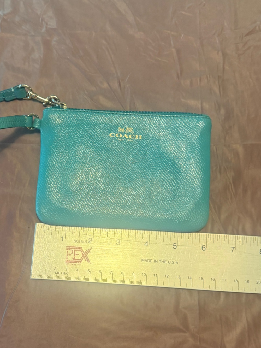Coach Turquoise Pebbled Leather Wristlet Pouch Zip Top Gold Logo - Picture 6 of 7